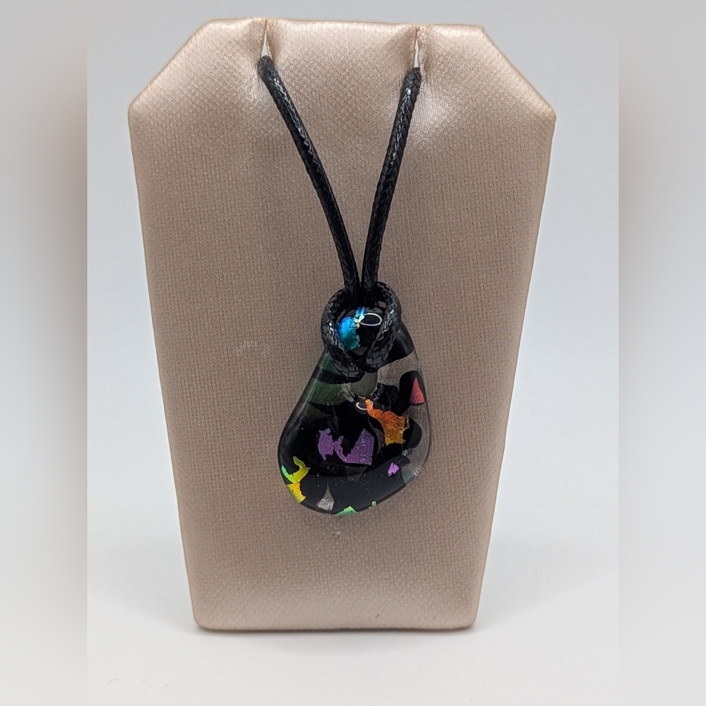 Hand Crafted  Dichroic Glass Pendant Necklace On 20" Faux Leather Chord.